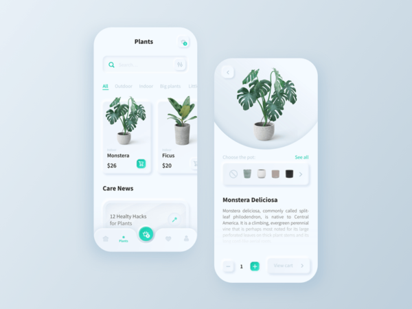 新拟物风格植物商店应用程序概念UI套件