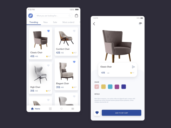 椅子家具商店应用程序概念UI套件