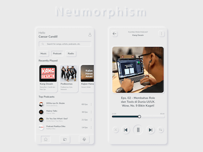 Neumorphism新拟物化风格播客App应用程序UI套件